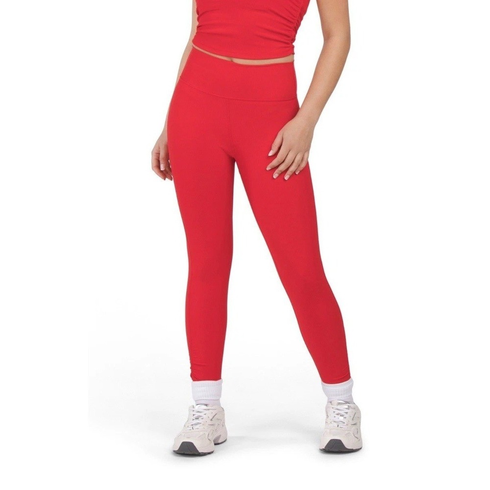 Wilo The Label Red Ribbed‎ Mid Rise Ruched Ankle Pull On Stretch Leggings XS